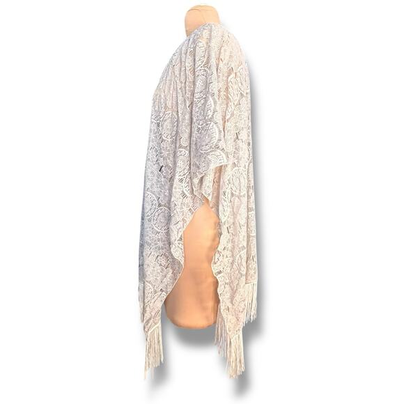 Gray Lace Fringe Kimono Cardigan Sheer Boho Festival Beach Cover Up Shawl - Picture 2 of 8